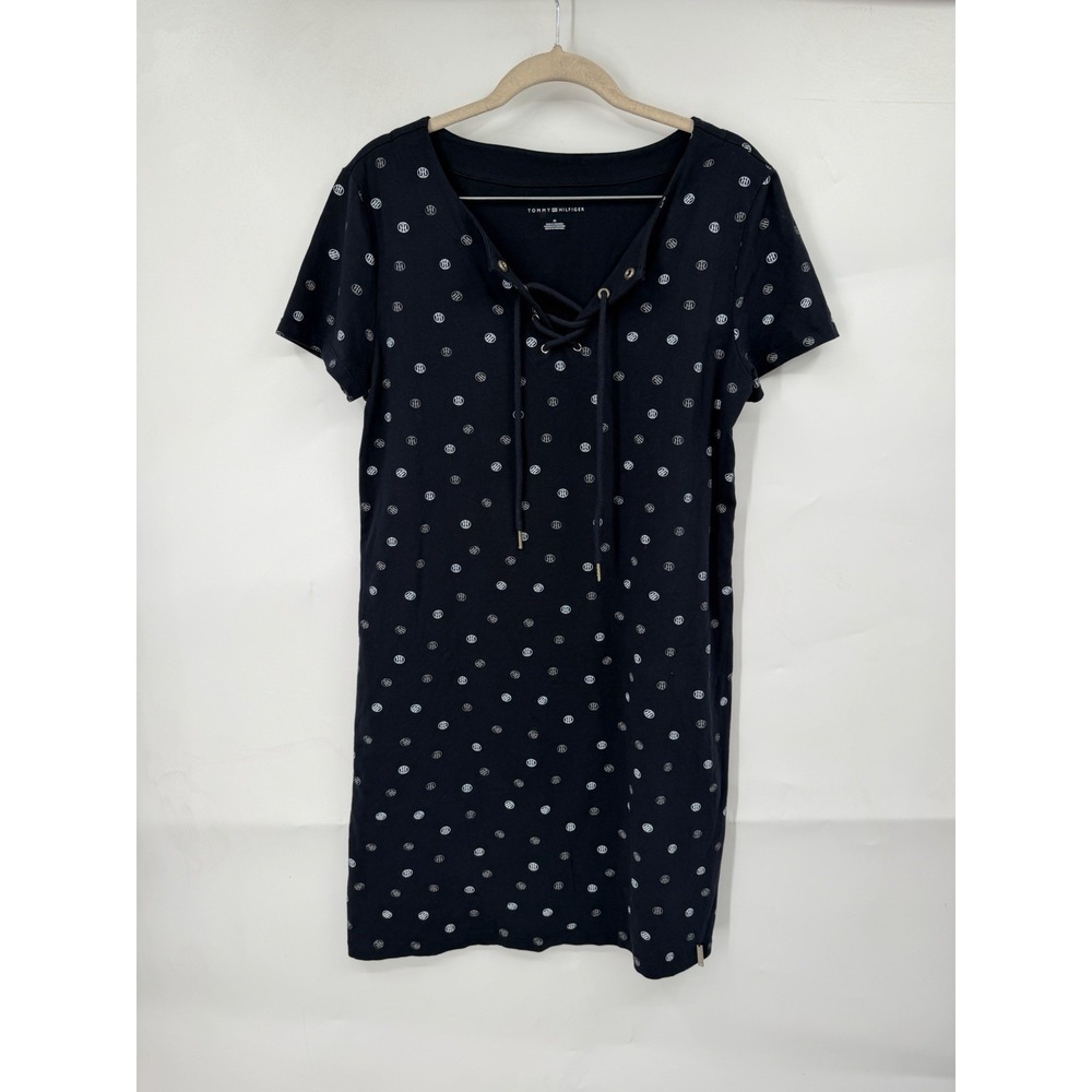 Tommy Hilfiger Logo Novelty Print Lace Up T-shirt Mini Dress Women M Black Retro